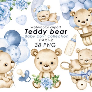 Teddybeer clipart, aquarel babybeer, inrichting kinderkamer, babyjongen, babyshower, jongens illustraties