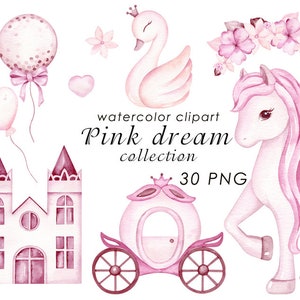 Clipart della bambina ad acquerello, castello, carrozza, cigno, cavallo, decorazione della parete della scuola materna, baby shower png