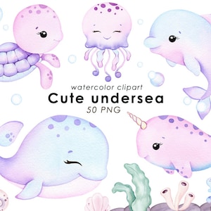 Clipart de aquarela submarina, animais do oceano arco-íris, animais fofos sob o mar, decoração de berçário, baleia, água-viva, tartaruga, polvo