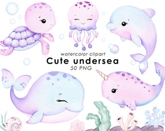 Undersea watercolor clipart, rainbow ocean animals, cute under the sea animals, nursery decor, whale, jellyfish, turtle, octopus