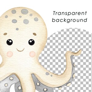 Puede incluir: Una ilustraci&oacute;n de dibujos animados de un pulpo sonriente de color marr&oacute;n claro con manchas grises. El pulpo tiene ocho tent&aacute;culos y est&aacute; sobre un fondo transparente.