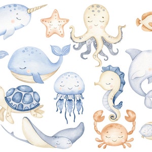Undersea watercolor clipart, nursery decor, baby wall art, octopus, jellyfish, whale, cute ocean animals png, baby shower image 4