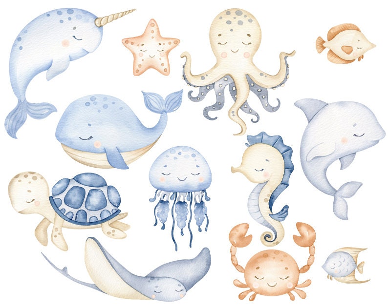 Puede incluir: Ilustraci&oacute;n de acuarela de varias criaturas marinas, incluyendo una narval, una ballena, un pulpo, un caballito de mar, una medusa, una tortuga, un cangrejo, una estrella de mar y un pez. Las criaturas est&aacute;n pintadas en tonos de azul, amarillo y naranja.