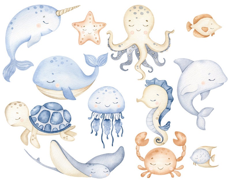 Undersea watercolor clipart, nursery decor, baby wall art, octopus, jellyfish, whale, cute ocean animals png, baby shower image 4