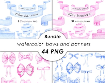 Watercolor pink and blue ribbon banners clipart, bows PNG files, nursery art, instant download