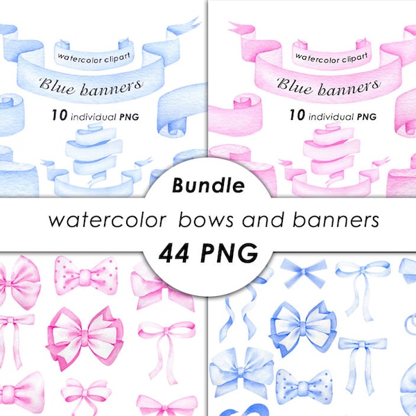 Watercolor pink and blue ribbon banners clipart, bows PNG files, nursery art, instant download