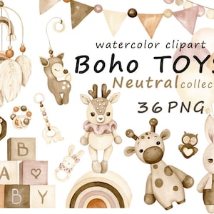 Aquarell Baby Spielzeug Clipart, Boho Baby-Dusche, Neugeborene Kinder PNG-Dateien, digitaler Download