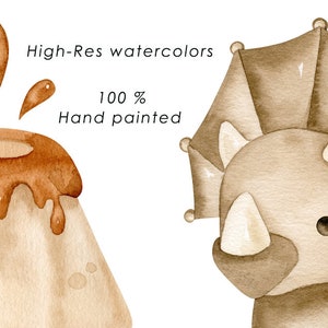 May include: Watercolor illustration of a brown triceratops dinosaur and a brown volcano with lava flowing down the sides. The text "High-Res watercolors 100% Hand painted" is written in the image.