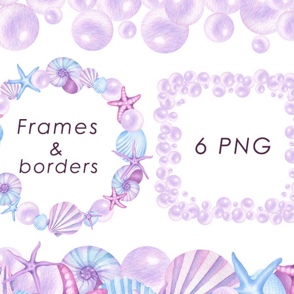 Watercolor seashells frames, nautical underwater border PNG, digital download