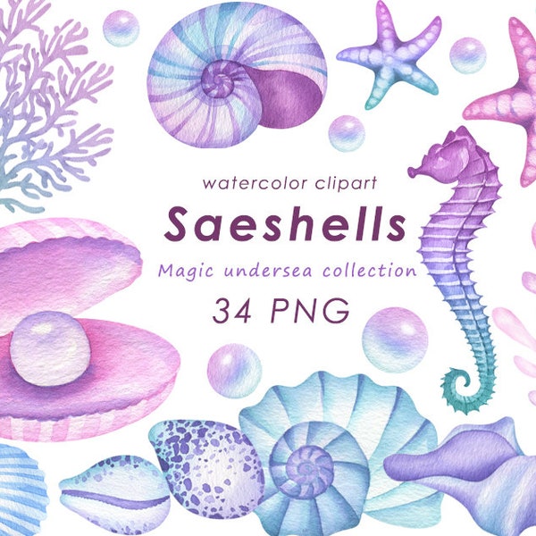 Watercolor seashells clipart, summer clip art, nautical seahorse, starfish, conch, PNG, digital download