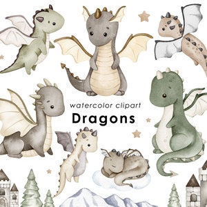 ドラゴンの水彩画のクリップアート、かわいいドラゴンの PNG、保育園の壁アート、男の子のクリップアート、子供のパーティー、ベビーシャワー