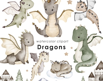 Dragons watercolor clipart, cute dragon PNG, nursery wall art, boys clipart, kids party, baby shower
