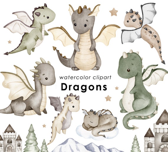 Dragons watercolor clipart, cute dragon PNG, nursery wall art, boys clipart, kids party, baby shower