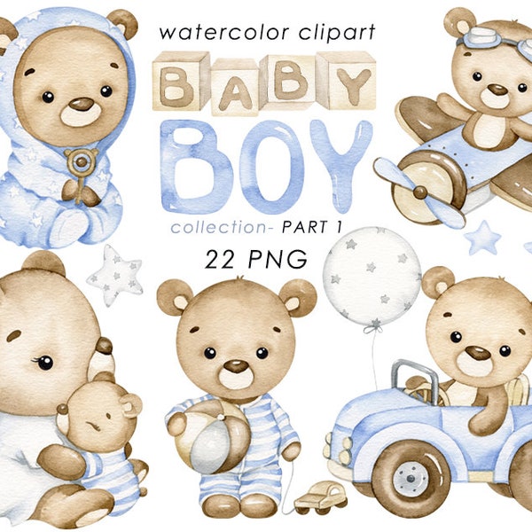 Teddy bear watercolor clipart, baby boy clip art, nursery decor, baby shower, its a boy PNG