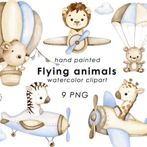 Animali pilota acquerello clipart, clip art tarnsport aereo, animali volanti png, baby boy wall art, arredamento vivaio