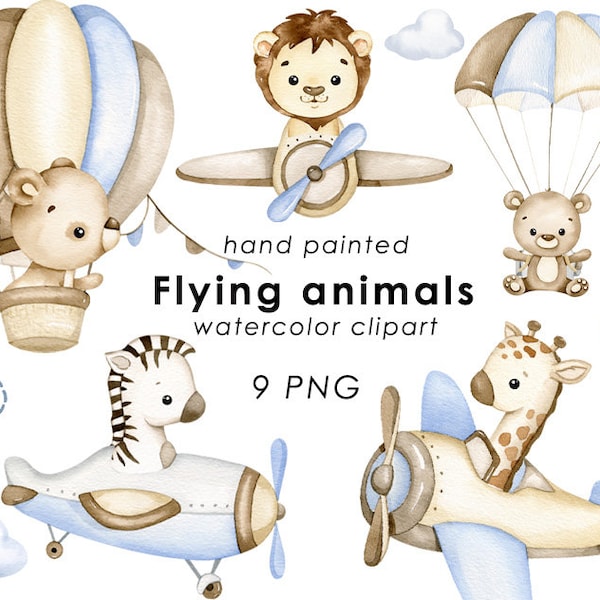 Pilot animals watercolor clipart, air tarnsport clip art, flying animals png, baby boy wall art, nursery decor