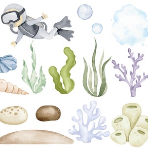 Puede incluir: Ilustraci&oacute;n de acuarela de la vida marina submarina, que incluye un buceador, algas marinas, coral, conchas marinas y una estrella de mar. La ilustraci&oacute;n est&aacute; pintada en tonos de azul, verde, morado y marr&oacute;n.