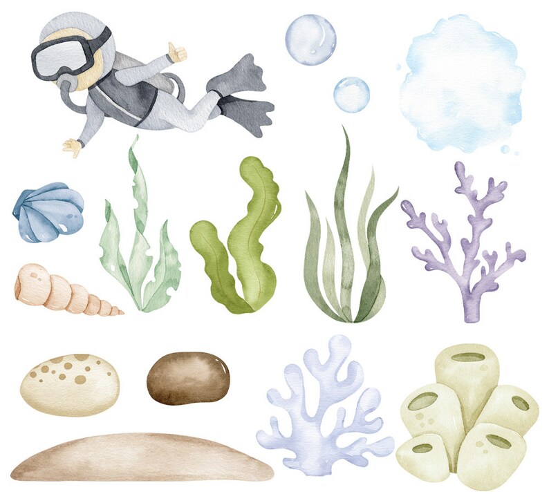 Puede incluir: Ilustraci&oacute;n de acuarela de la vida marina submarina, que incluye un buceador, algas marinas, coral, conchas marinas y una estrella de mar. La ilustraci&oacute;n est&aacute; pintada en tonos de azul, verde, morado y marr&oacute;n.