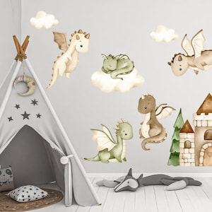 May include: A set of watercolor-style dragon wall decals in shades of green and brown. The decals feature dragons in various poses, including flying, sleeping, and standing. There is also a castle and a tree included in the set.