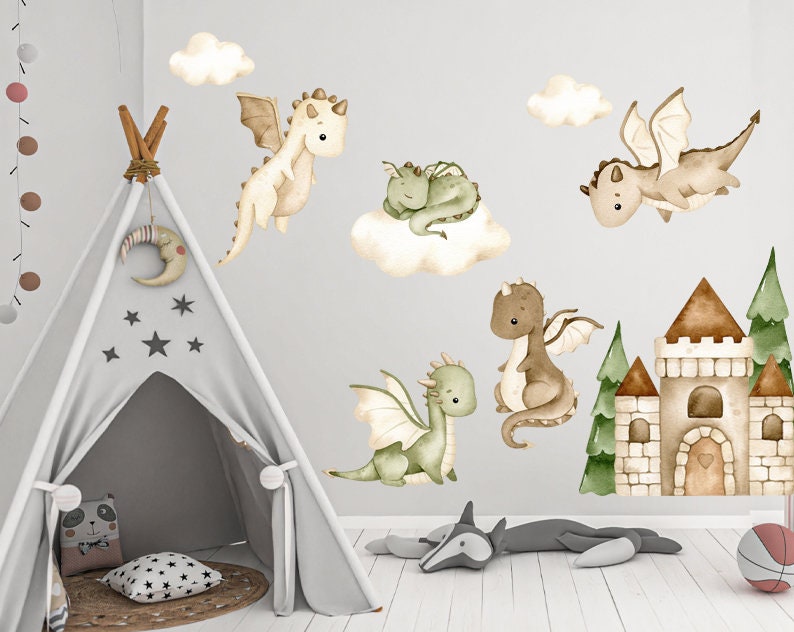 May include: A set of watercolor-style dragon wall decals in shades of green and brown. The decals feature dragons in various poses, including flying, sleeping, and standing. There is also a castle and a tree included in the set.