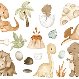 May include: Watercolor illustrations of various dinosaurs, including a triceratops, stegosaurus, pterodactyl, and a brachiosaurus. The illustrations are in shades of brown and beige and are set against a white background. There are also illustrations of a volcano, palm tree, and eggs.