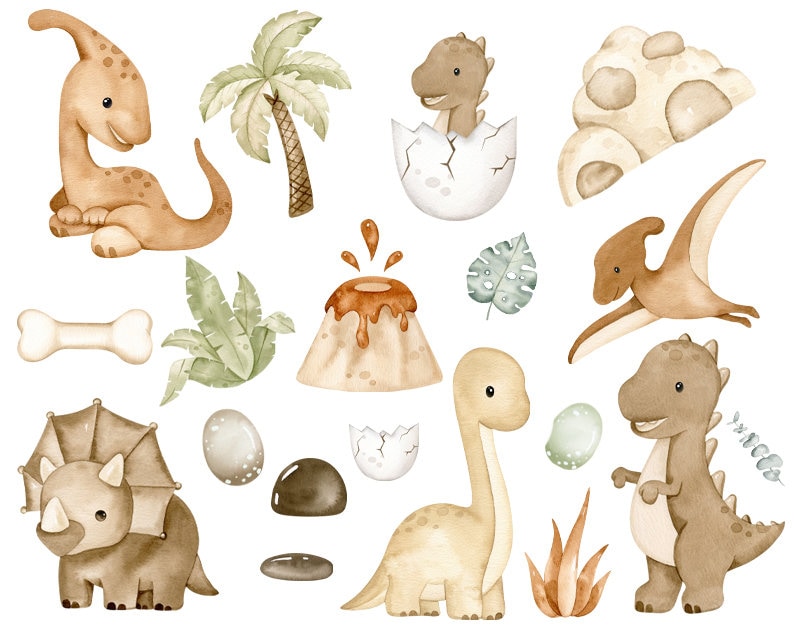 May include: Watercolor illustrations of various dinosaurs, including a triceratops, stegosaurus, pterodactyl, and a brachiosaurus. The illustrations are in shades of brown and beige and are set against a white background. There are also illustrations of a volcano, palm tree, and eggs.