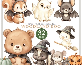 Watercolor Woodland Halloween Clipart, Spooky Baby Animals, Nursery Decor (Digital Download)
