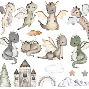 Puede incluir: Ilustraci&oacute;n de acuarela de lindos dragones en varias poses, incluyendo volar, dormir y estar de pie. La ilustraci&oacute;n tambi&eacute;n incluye un castillo, un arco&iacute;ris, una nube, una monta&ntilde;a y estrellas. Los colores son principalmente verde, marr&oacute;n y gris.