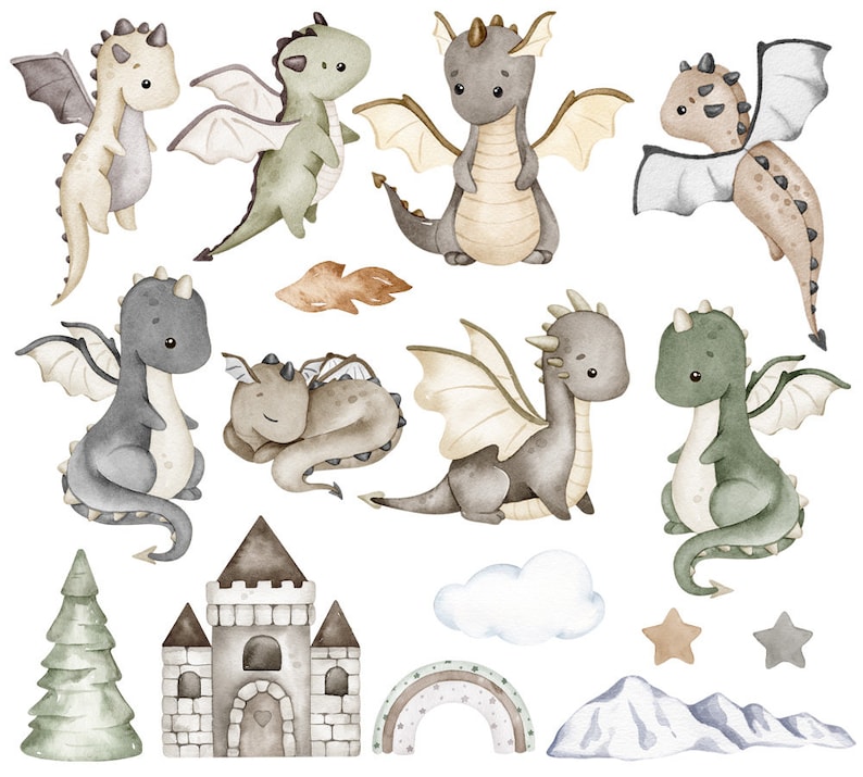 Puede incluir: Ilustraci&oacute;n de acuarela de lindos dragones en varias poses, incluyendo volar, dormir y estar de pie. La ilustraci&oacute;n tambi&eacute;n incluye un castillo, un arco&iacute;ris, una nube, una monta&ntilde;a y estrellas. Los colores son principalmente verde, marr&oacute;n y gris.
