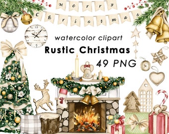 Watercolor rustic christmas clipart, cozy winter holiday png, digital download