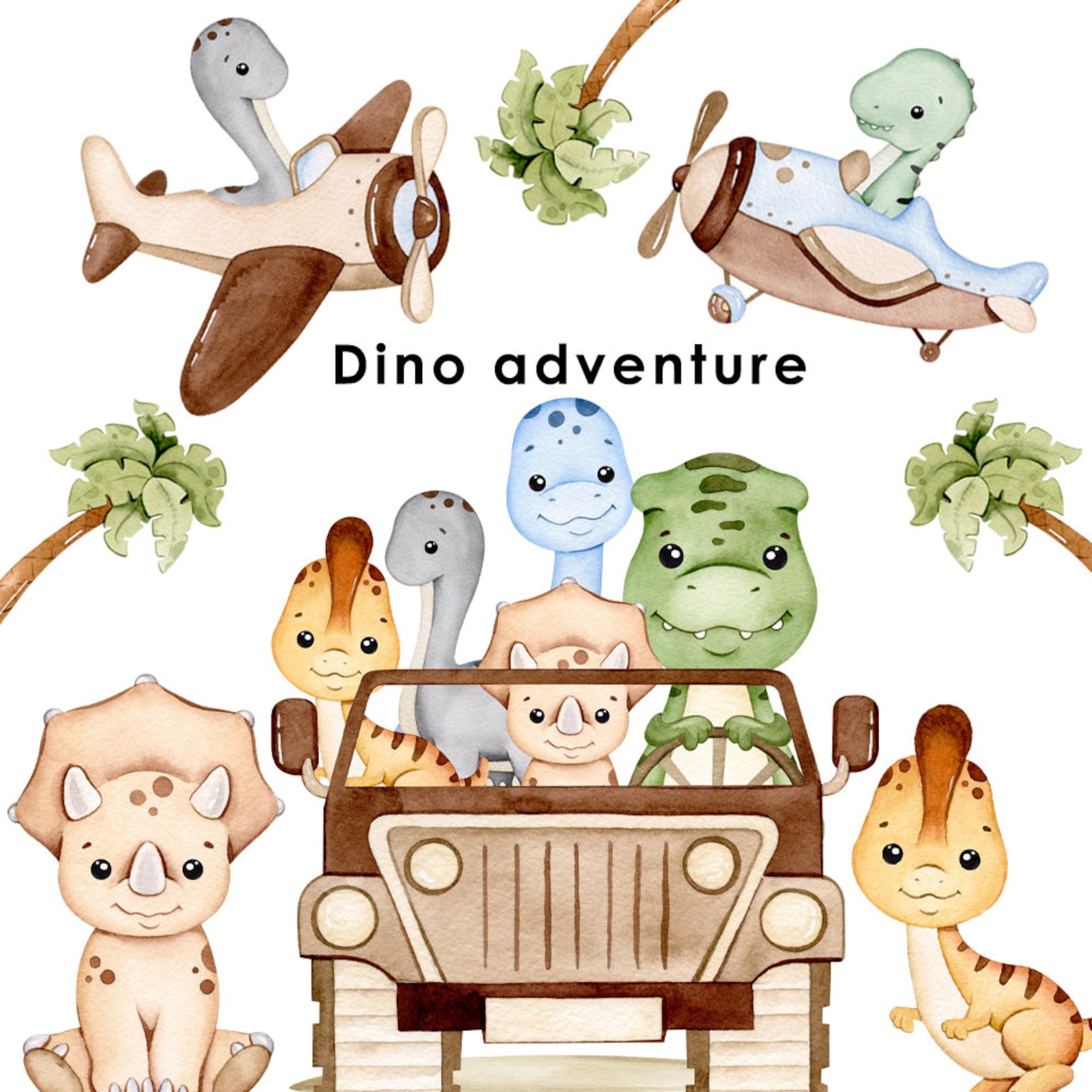 Dinosaurs Watercolor Clipart, Dino Clip Art, Dinosaur Nursery Decor ...