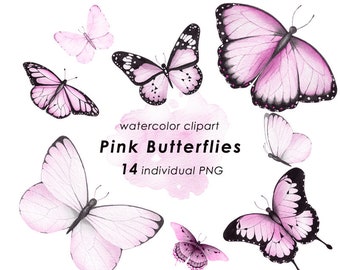 Watercolor pink butterflies clipart, hand painted butterfly, individual PNG files, instant download