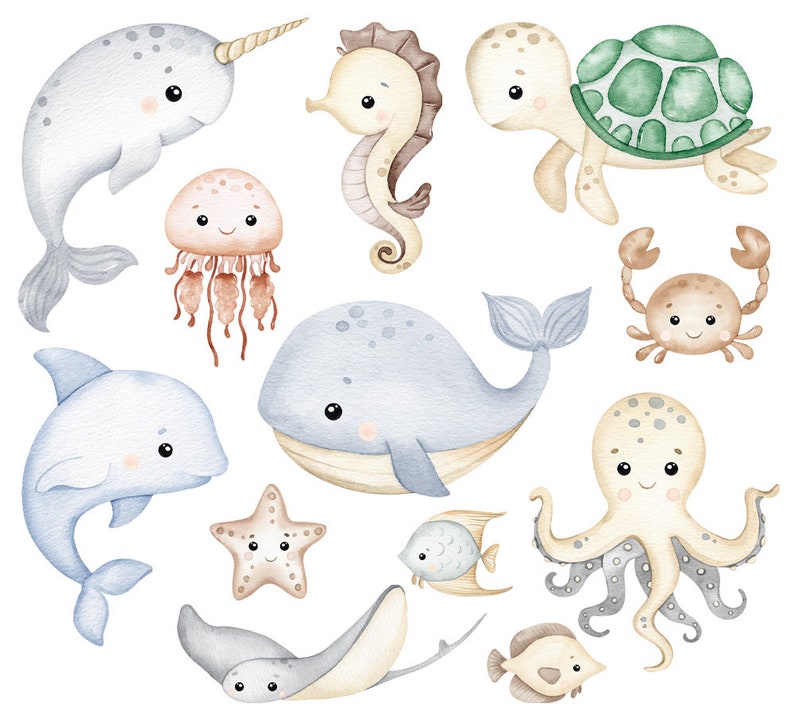 Puede incluir: Ilustraci&oacute;n de acuarela de varias criaturas marinas, incluyendo una narval, un caballito de mar, una tortuga, una medusa, una ballena, un pulpo, una estrella de mar, un pez, una raya y un cangrejo. La ilustraci&oacute;n est&aacute; hecha en un estilo caprichoso con colores suaves.