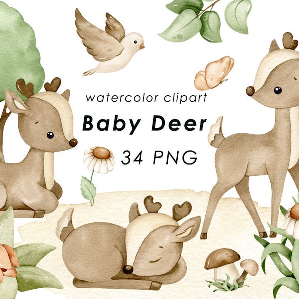 Cute deer watercolor clipart, baby deer PNG, nursery decor, baby shower, baby wall art
