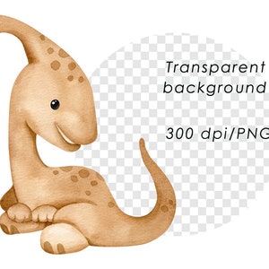 May include: A watercolor illustration of a brown cartoon dinosaur with a long neck and tail. The dinosaur is sitting on its hind legs with its tail curled around its body. The background is transparent.