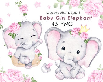 Baby elephant watercolor clipart, girl wall art, nursery decor, cute little animal png, baby shower
