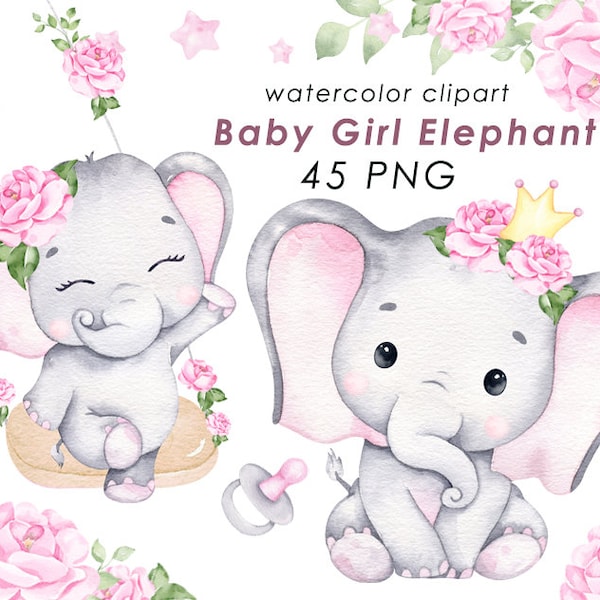 Clipart de acuarela de elefante bebé, arte de pared de niña, decoración de guardería, lindo animalito png, baby shower