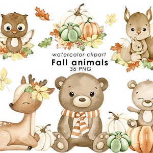 Clipart acquerello autunnale del bosco, clipart di simpatici animali della foresta, arte murale autunnale, decorazioni per la cameretta dei bambini