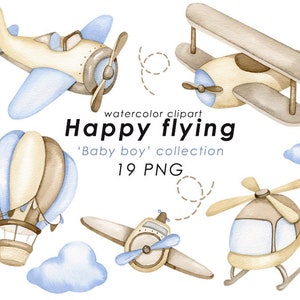 Imágenes prediseñadas de acuarela de transporte aéreo, imágenes prediseñadas de avión, decoración de guardería, arte de pared para bebé niño, helicóptero, globo aerostático PNG