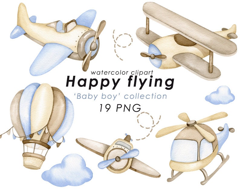 Puede incluir: Conjunto de clipart de acuarela de 19 im&aacute;genes PNG que representan un globo aerost&aacute;tico, un helic&oacute;ptero y dos aviones en tonos azules, marrones y beige. El texto 'Happy flying' y 'Baby boy' collection est&aacute; incluido en la imagen.