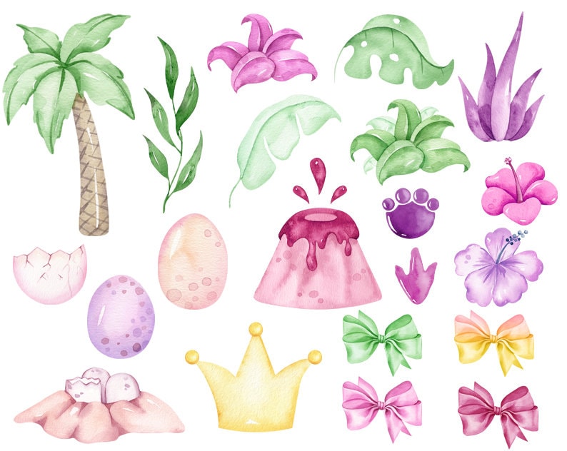 Puede incluir: Ilustraciones de acuarela de una variedad de elementos tropicales y de la jungla, incluyendo una palmera, hojas, flores, un volc&aacute;n, huevos de dinosaurio, huellas, una corona y lazos. Las ilustraciones est&aacute;n en tonos de rosa, morado, verde y amarillo.