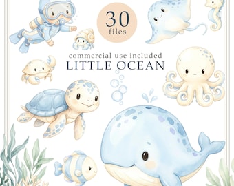 Watercolor Sea Life Clipart, Octopus, Whale, Jellyfish (Digital Download)