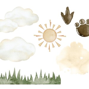 May include: Watercolor illustration of a sun, clouds, grass, and two animal footprints. The sun is a light brown color with orange rays. The clouds are white with a light gray outline. The grass is a dark green color. The footprints are brown.