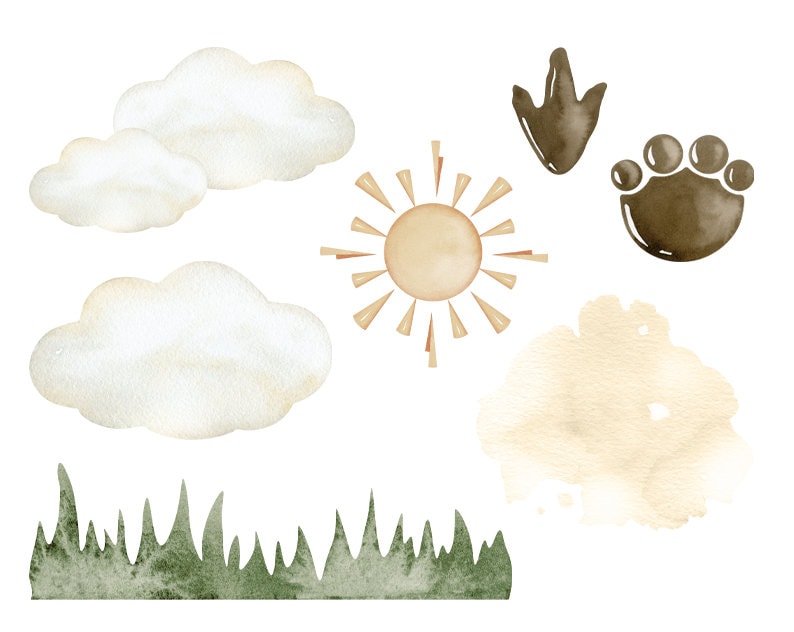 May include: Watercolor illustration of a sun, clouds, grass, and two animal footprints. The sun is a light brown color with orange rays. The clouds are white with a light gray outline. The grass is a dark green color. The footprints are brown.
