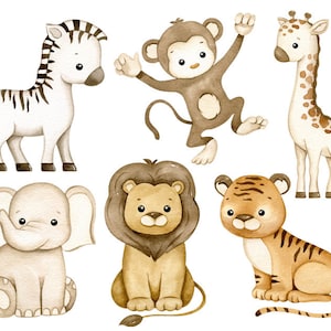 May include: Watercolor illustration of a set of six safari animals: a zebra, a monkey, a giraffe, an elephant, a lion, and a tiger. The animals are all in a cartoon style and are painted in shades of brown, white, and black.