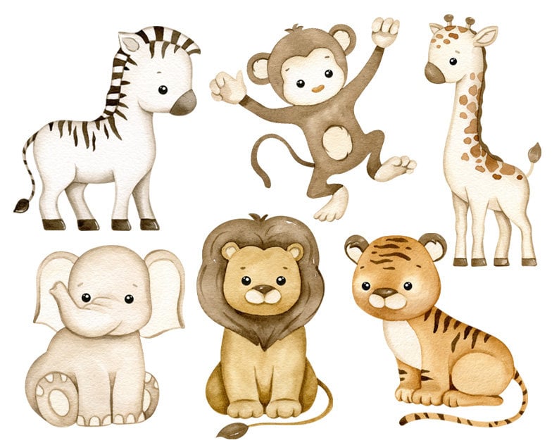 May include: Watercolor illustration of a set of six safari animals: a zebra, a monkey, a giraffe, an elephant, a lion, and a tiger. The animals are all in a cartoon style and are painted in shades of brown, white, and black.