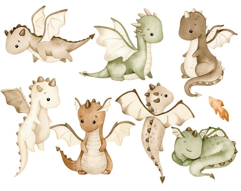 May include: A set of seven watercolor illustrations of cute dragons in various poses. The dragons are in shades of brown, green, and white. Some dragons have wings, while others do not. The dragons are all facing forward.