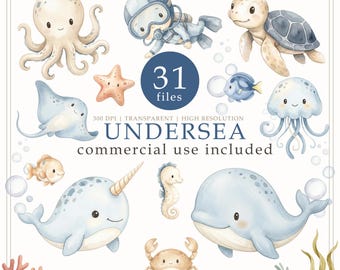 Watercolor Undersea Animals Clipart, Ocen animals clip art, Nursery decor, Baby Shower, Commercial Use