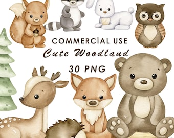 Woodland animals watercolor clipart, forest animals clip art, nursery decor, commercial use