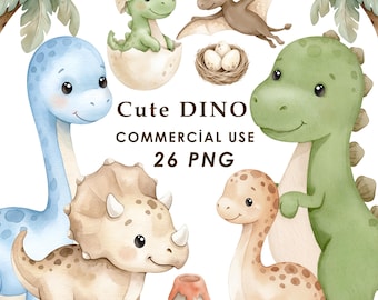 May include: A collection of watercolor dinosaur illustrations featuring a blue long-necked dinosaur, a green dinosaur, a triceratops, a baby dinosaur in an egg, a flying pterodactyl, a nest with eggs, palm trees, and a volcano with the text Cute DINO COMMERCIAL USE 26 PNG.